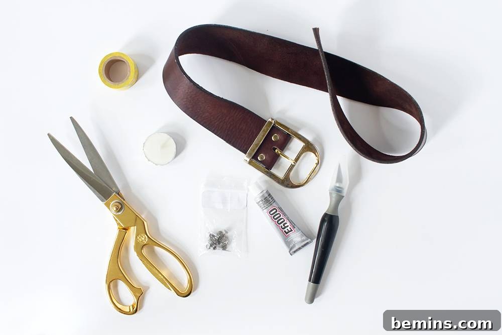 Simple Minimal Leather Earring Project 4 Collection of materials for crafting upcycled leather earrings: leather belts, scissors, craft knife, glue, and earring posts.