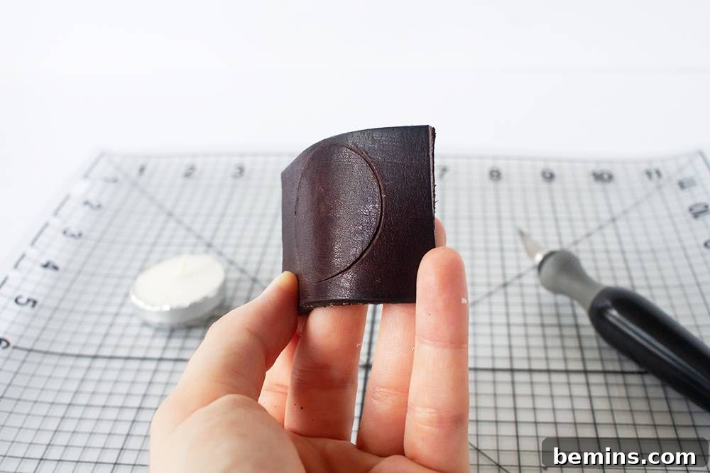 Simple Minimal Leather Earring Project 8 A groove forming in the leather after multiple passes with the craft knife.
