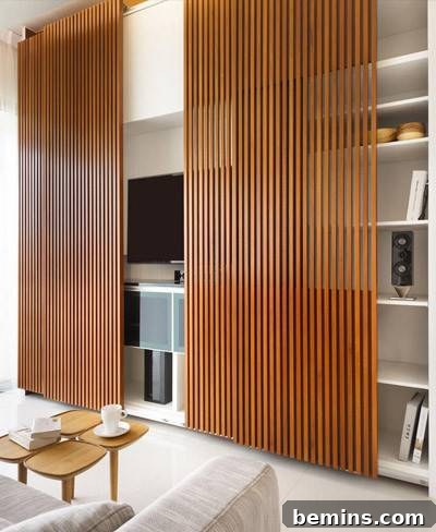 Sliding doors are open to reveal shelves holding books and a television.