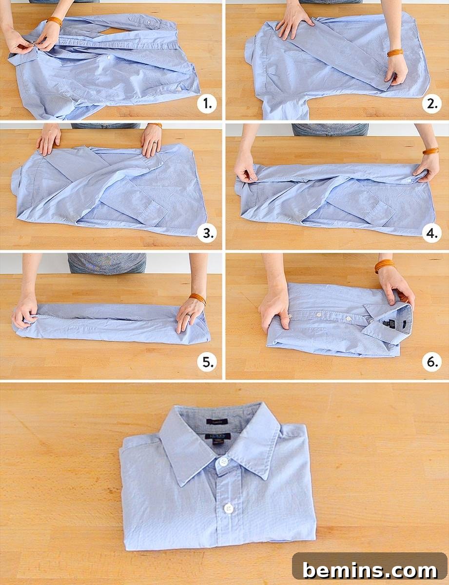 Detailed steps for folding a dress shirt to prevent wrinkles