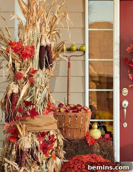 Dried cornstalks, leaves, apples, flowers, and corn evoking a rustic country spirit for fall