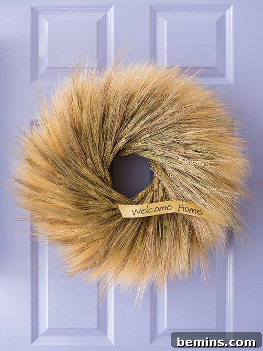 A simple and rustic fall wreath made of dried wheat