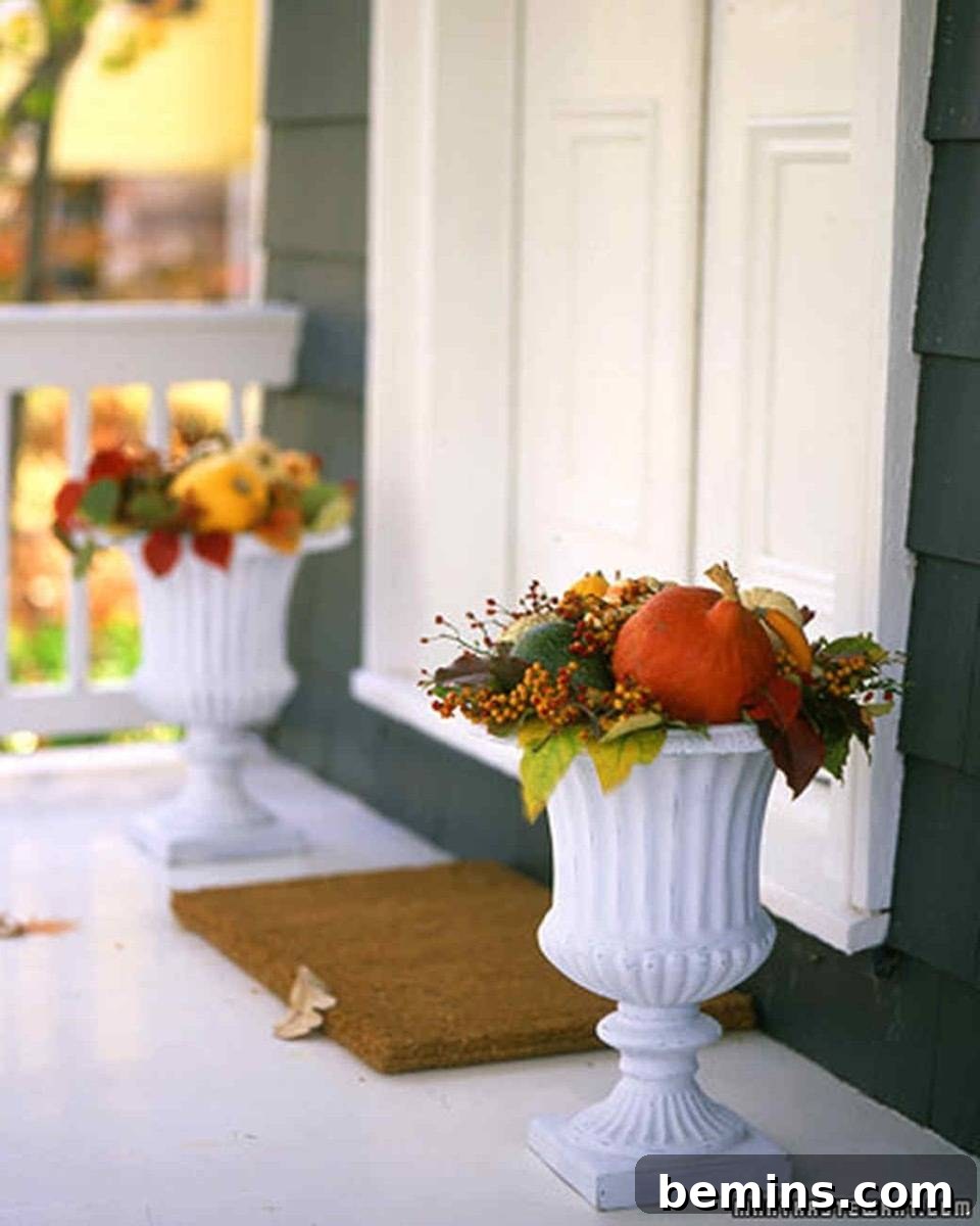 Matching flower urns filled with fall blooms, an elegant outdoor fall decor idea