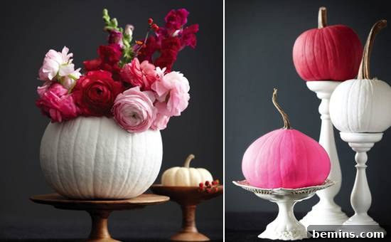A pumpkin flower vase centerpiece, adding a touch of natural beauty and seasonal charm to your tabletop