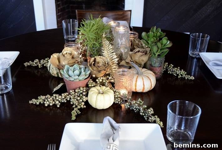 A gilded leaf centerpiece, adding a touch of elegance and glamour to your Thanksgiving tabletop