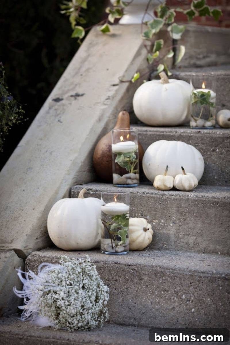 An outdoor cement staircase lined with white pumpkins, floating candles, and gourds, creating a classy and inviting entrance