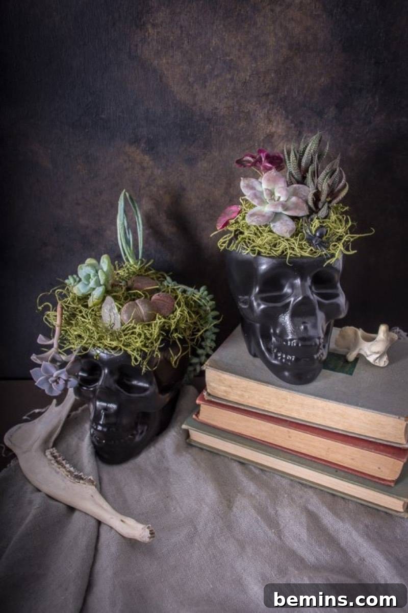 50+ Spooktacular DIY Halloween Home Decor Ideas 16 Skull planters
