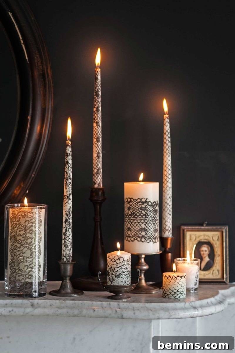 50+ Spooktacular DIY Halloween Home Decor Ideas 20 Lace-covered candles