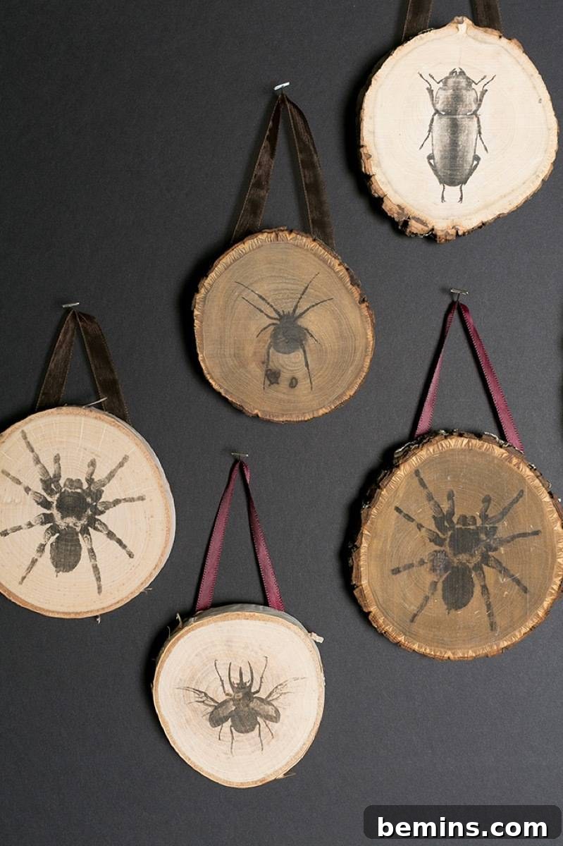 50+ Spooktacular DIY Halloween Home Decor Ideas 5 Wood rounds with insect transfers