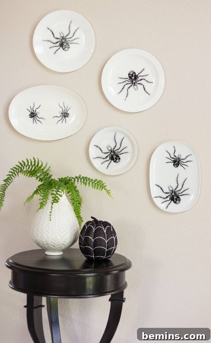 50+ Spooktacular DIY Halloween Home Decor Ideas 10 Spider decals on plates
