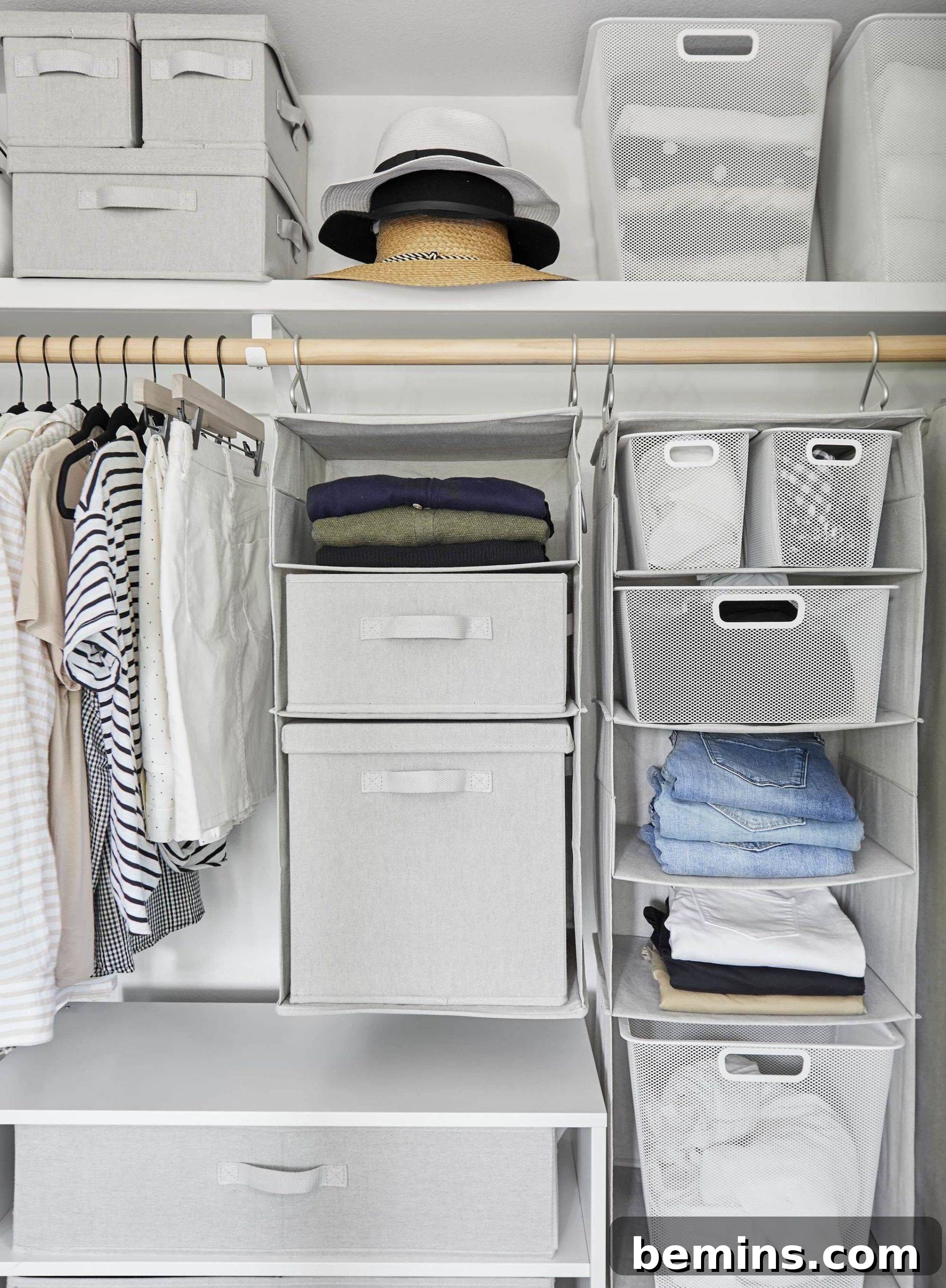Clothing and other items arranged neatly in a closet, showcasing effective organization.
