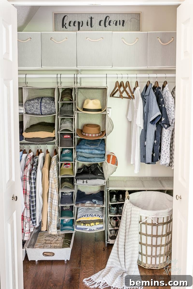 A well-organized closet utilizing shelves for hats and foldable items, maximizing a small space.