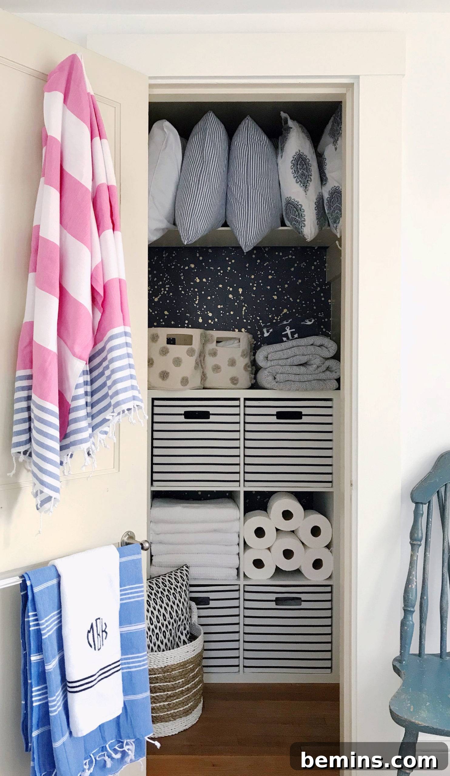 A well-organized closet filled with various items, demonstrating effective storage solutions.