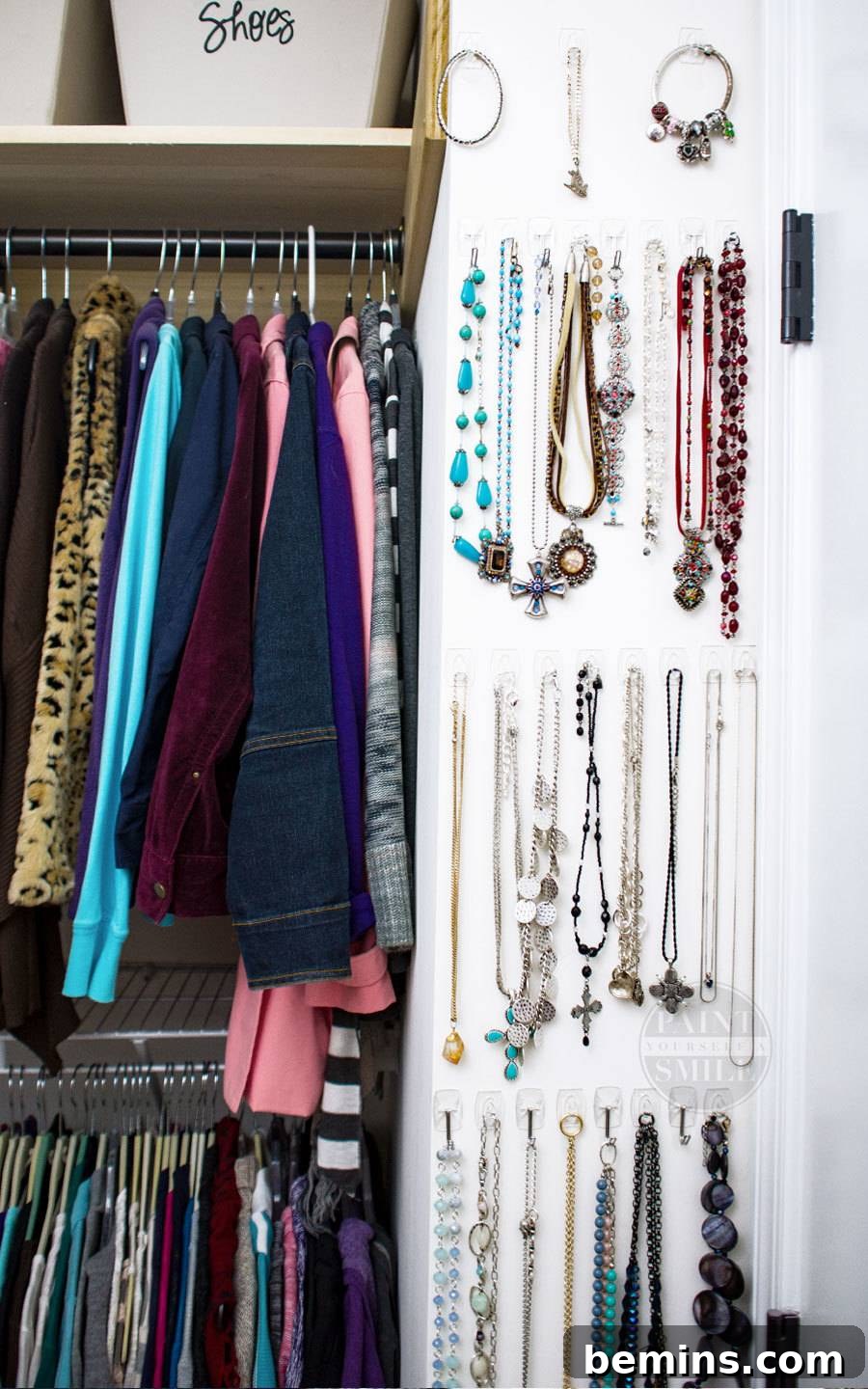 Clothing and jewelry hanging neatly in a closet, showcasing effective use of space.