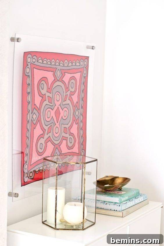 Scarf in lucite floating frame, a unique and artistic wall decor idea