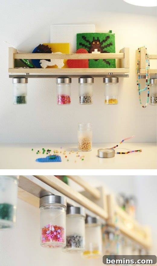 Magnetic Strips: Your Ultimate Home Organization Hack 12 Beads stored in jars attached to a magnetic knife strip