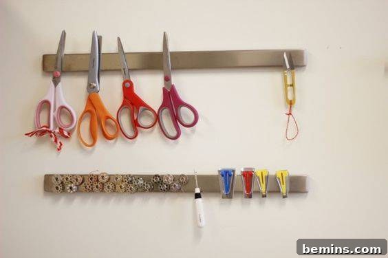 Magnetic Strips: Your Ultimate Home Organization Hack 9 Sewing tools and notions stored on a magnetic knife strip