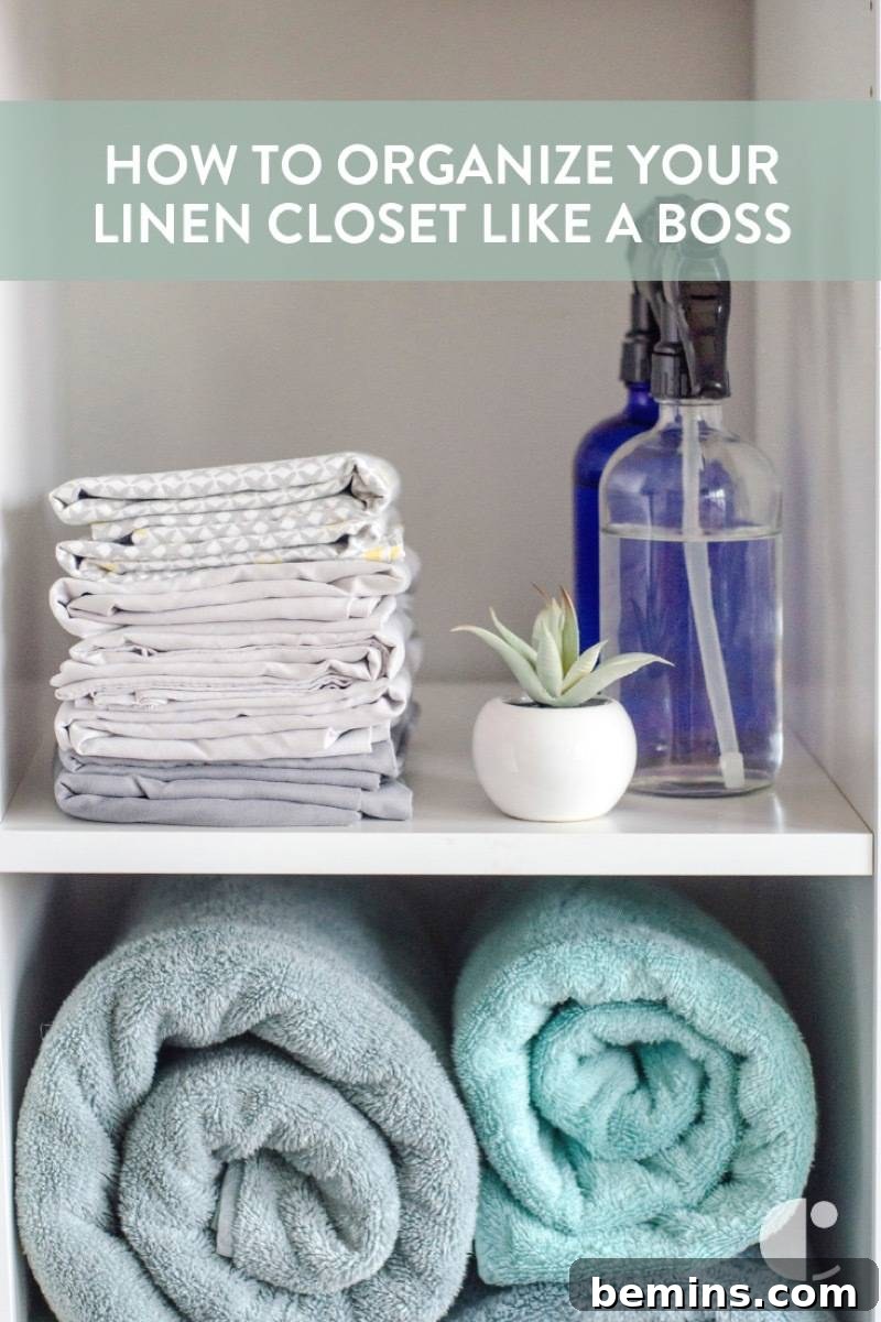 Well organized linen closet shelves