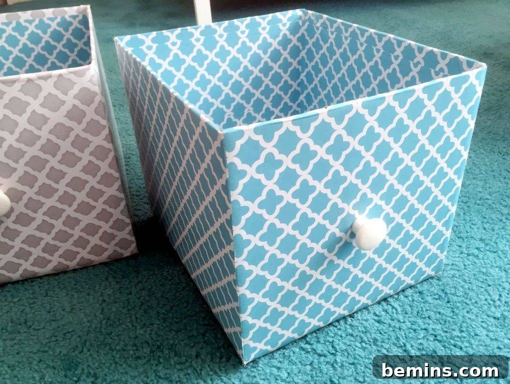 Storage Bins Made from Cardboard Boxes and Contact Paper