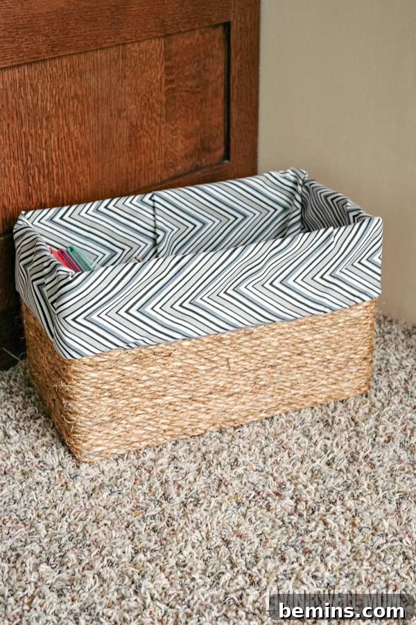 Storage Basket Made from a Cardboard Box, Sisal Rope, and Fabric