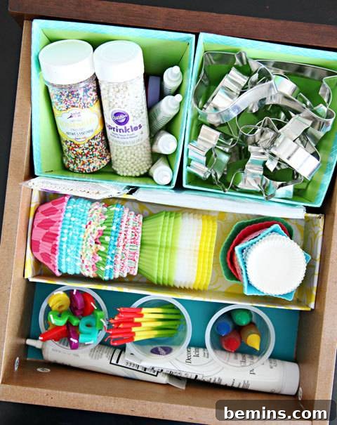 Organized Baking Drawer with Repurposed Food Boxes