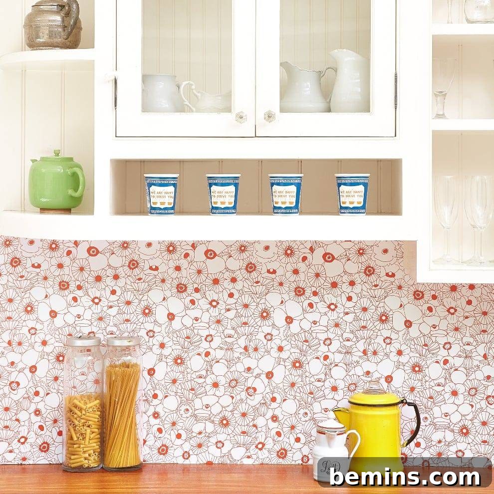 Budget-Savvy Backsplash Upgrades for Renters 8 Peel and stick poppy wallpaper