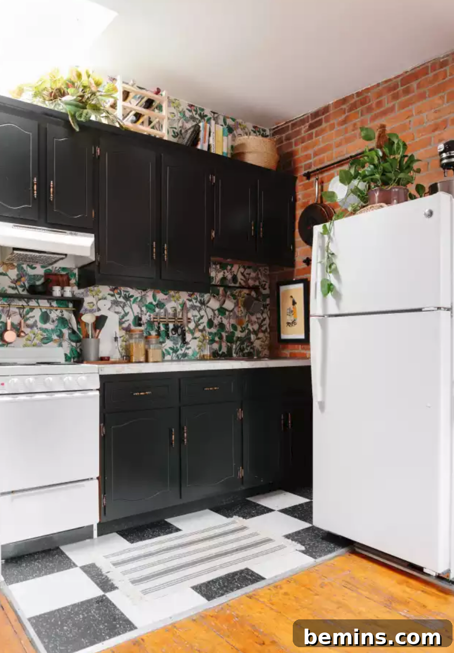 Budget-Savvy Backsplash Upgrades for Renters 10 Rental kitchen with botanical removable wallpaper