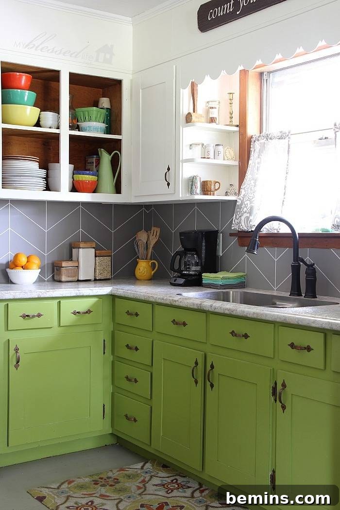 Budget-Savvy Backsplash Upgrades for Renters 22 DIY herringbone painted backsplash