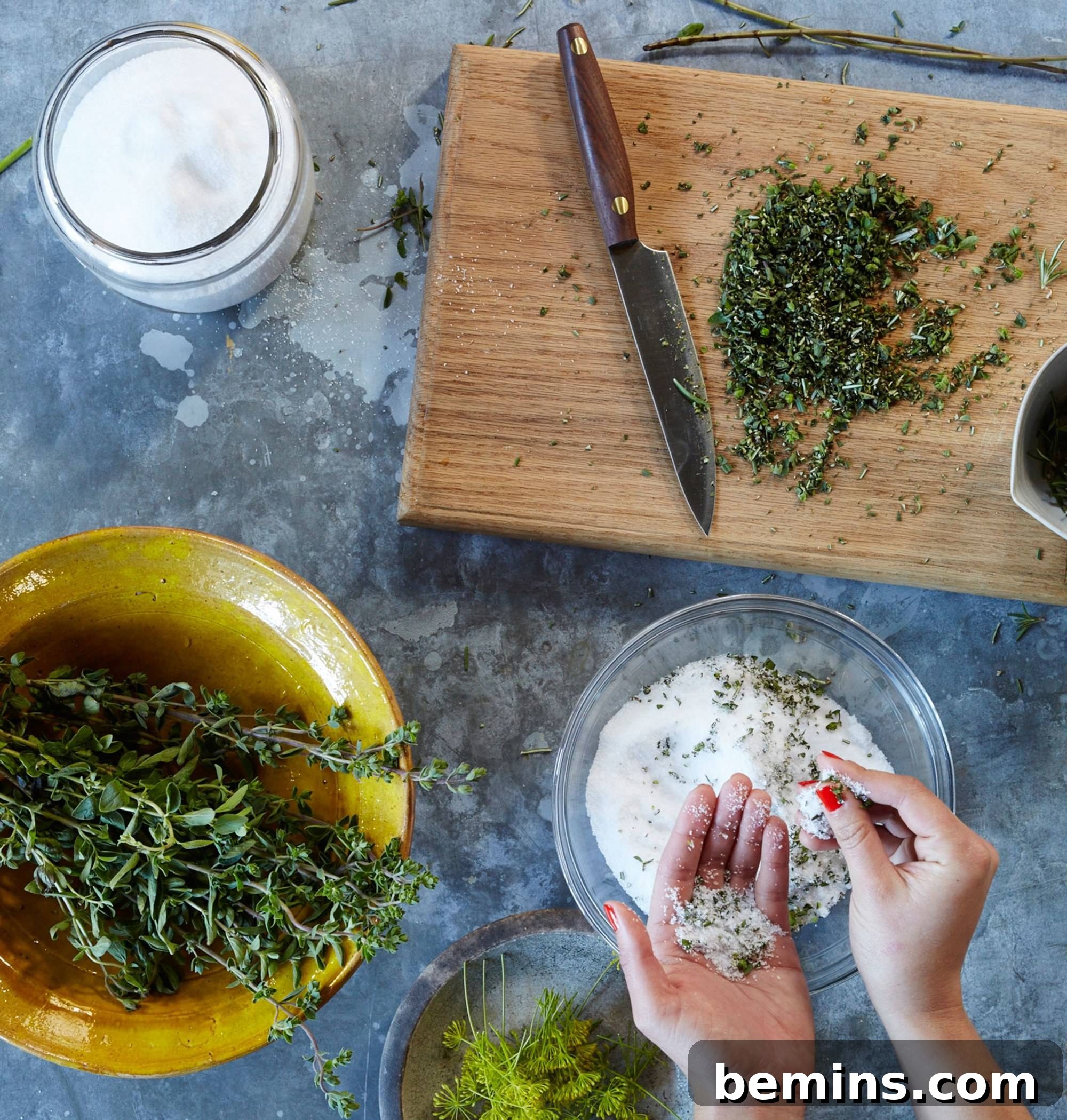 Preserving the Harvest: 10 Winter-Ready Techniques 3 Freshly chopped parsley with salt and a white flower, ready for preservation.