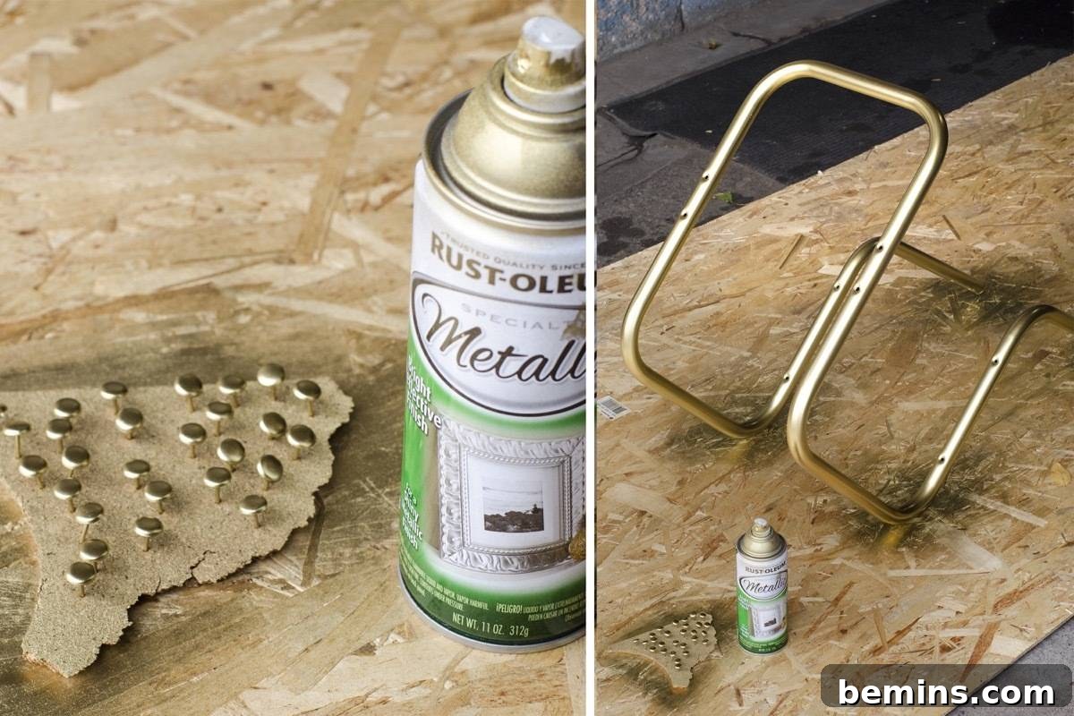 Rescued Chair's Stunning Transformation 8 Spray painting metal portion of chair and decorative tacks