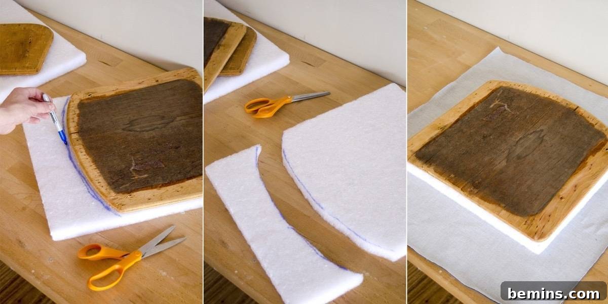 Rescued Chair's Stunning Transformation 9 how to reupholster a chair - cutting foam and fabric