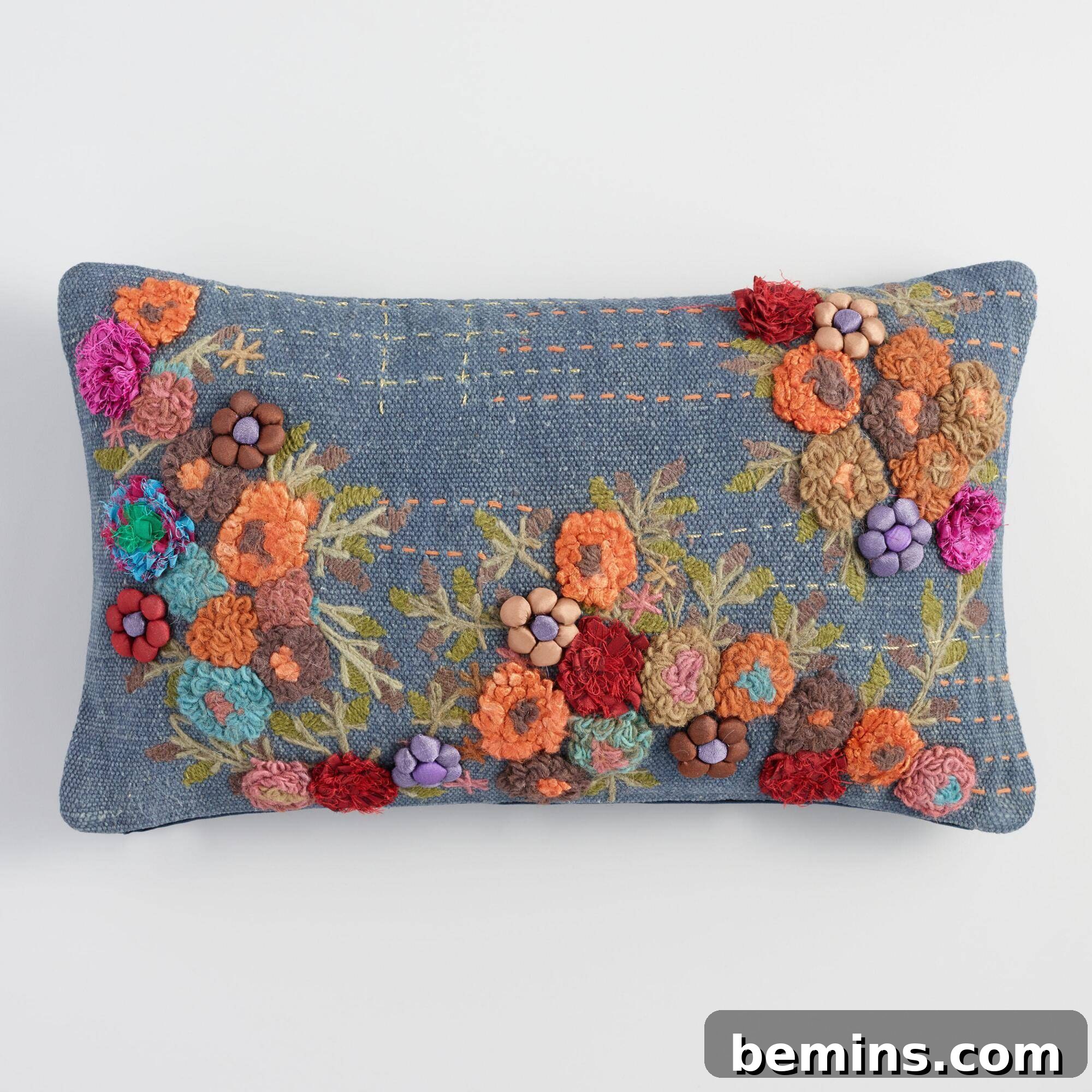 Blue Garden Floral Lumbar Pillow: Faded Denim and Appliqued Flowers