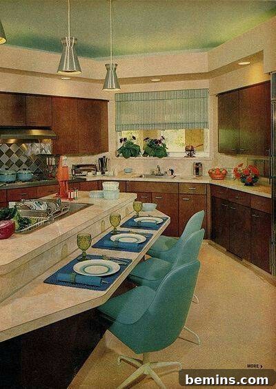A 1970s kitchen with an island and a sleek design.