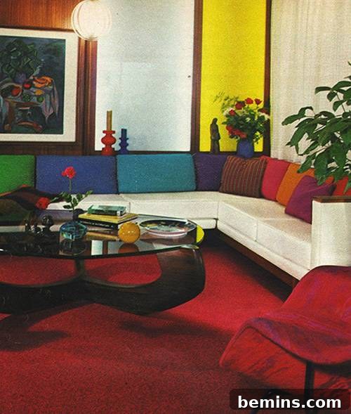 A 1970s living room with an intense carpet and a comfortable-looking couch.