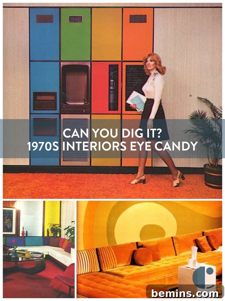 A collage of 1970s interior design inspiration.