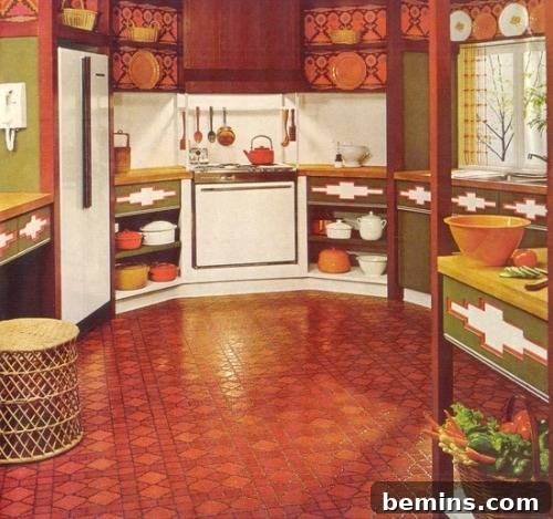 A vibrant 1970s kitchen featuring red linoleum flooring and open shelving.