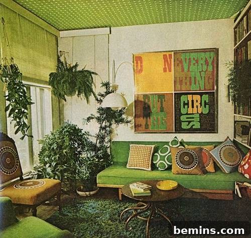 A 1970s living room with graphic prints, an arc lamp, and a green carpet.