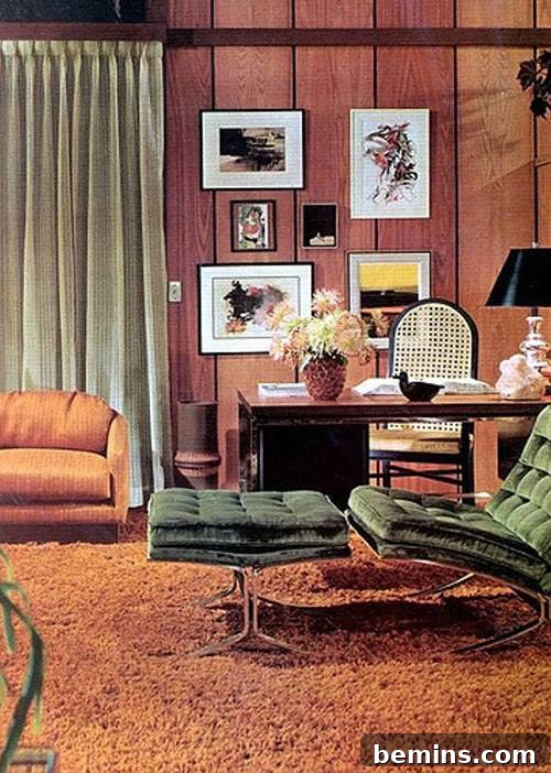 A 1970s living room featuring a Barcelona chair and ottoman upholstered in velvet.