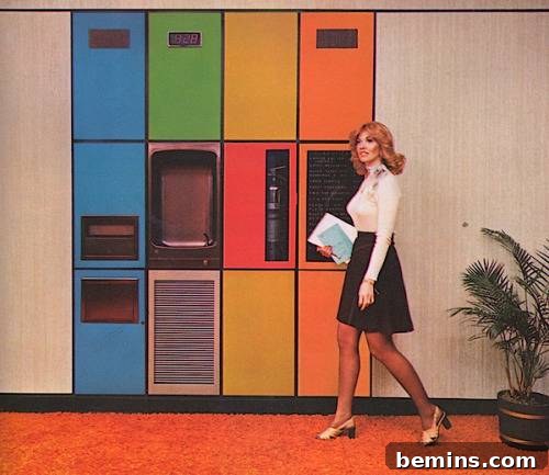 Colorful kitchen cabinets in a 1970s style.