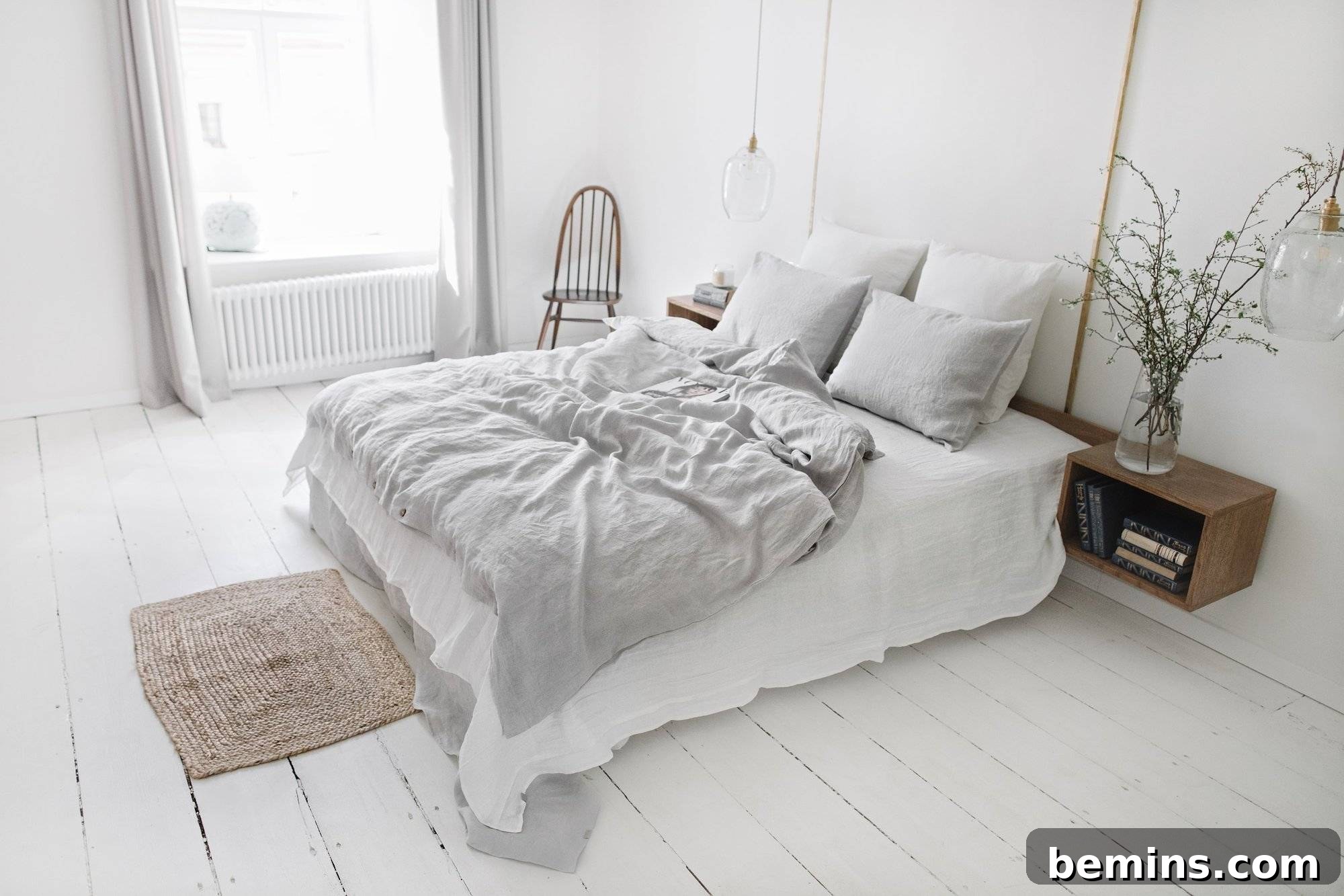 Rumpled linen bedding is a Scandinavian style staple