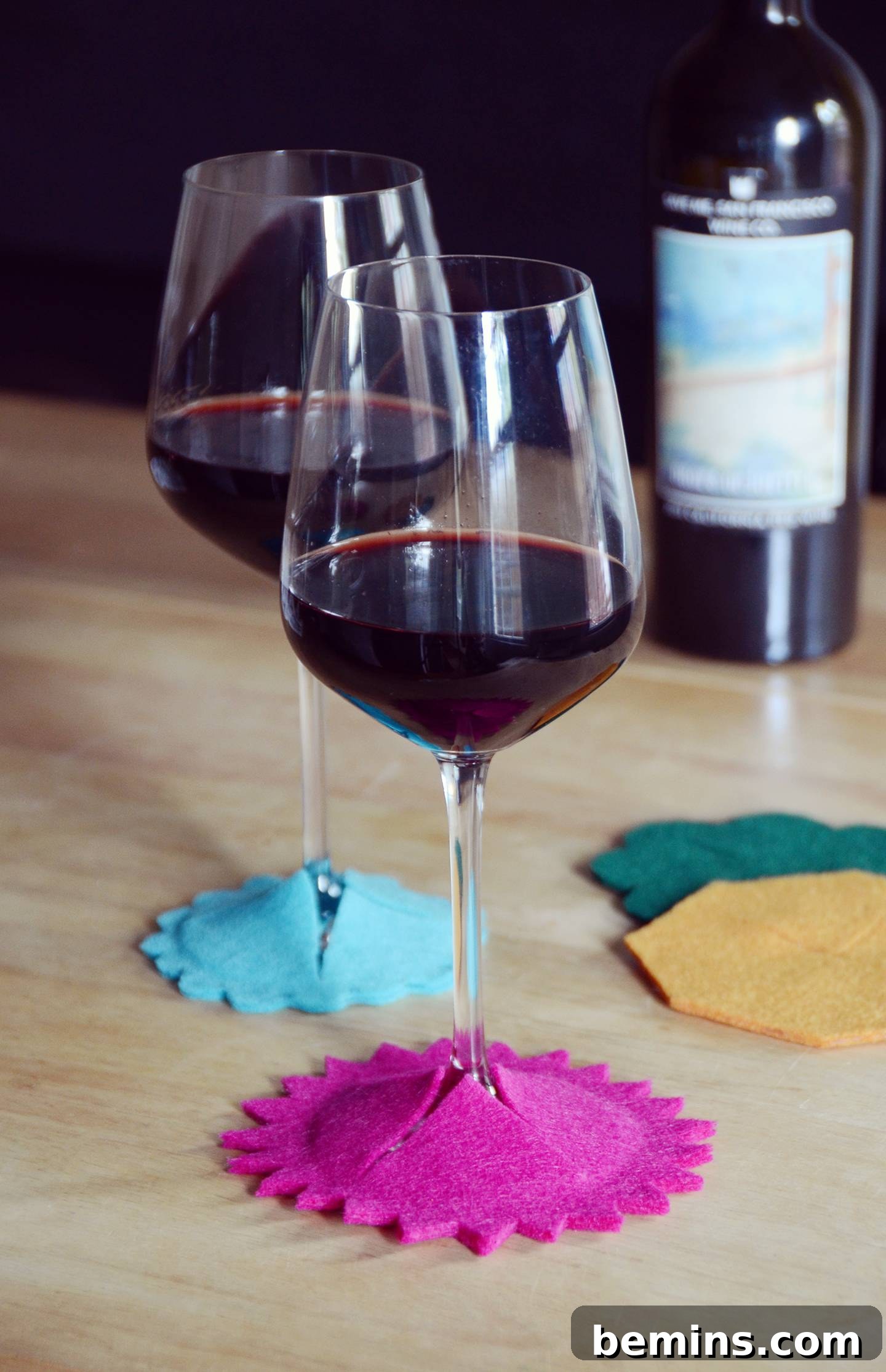 DIY Felt Wine Glass Coasters: A Stitch-Free Project 12 Collection of DIY no-sew felt wine glass coasters with different edge designs.