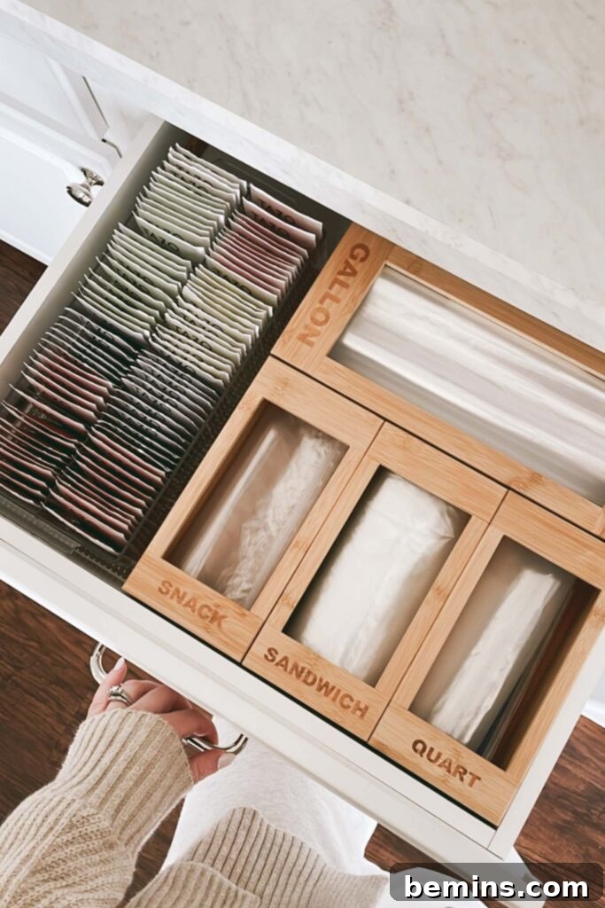 Organized tea drawer with plastic bags