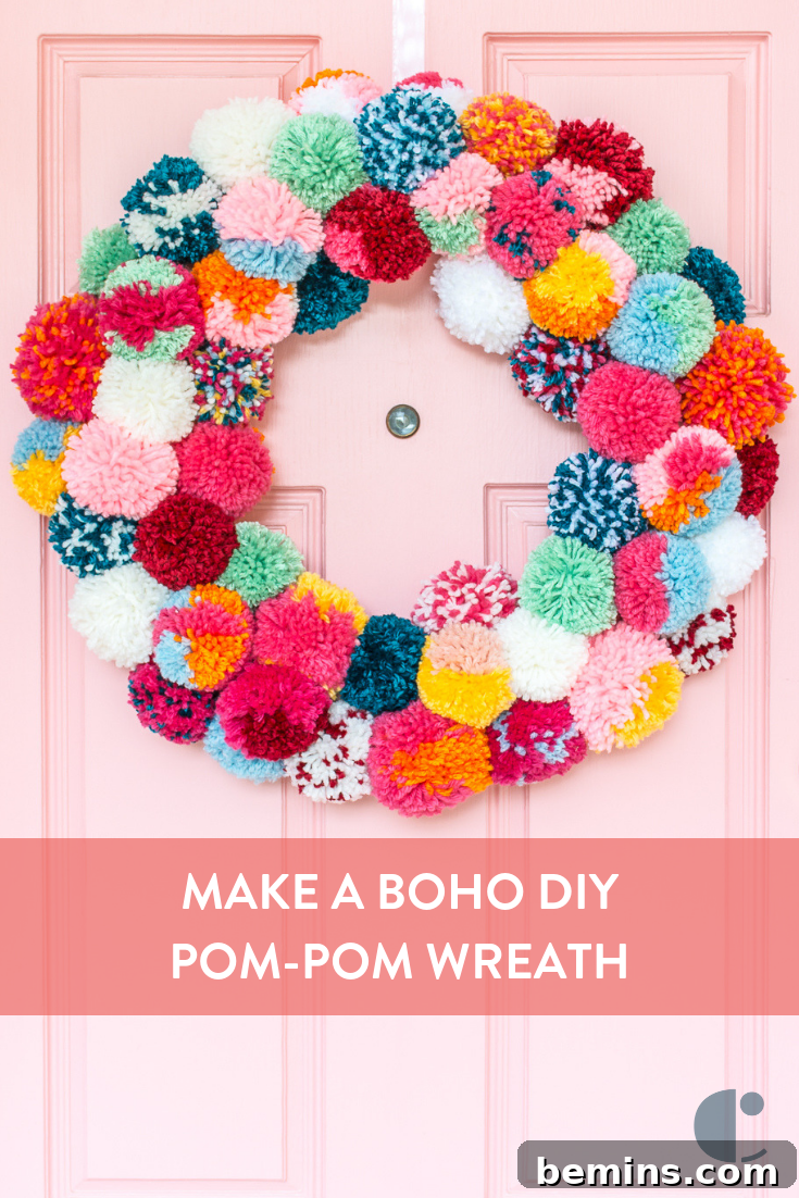 Bright and colorful DIY boho holiday pom-pom wreath