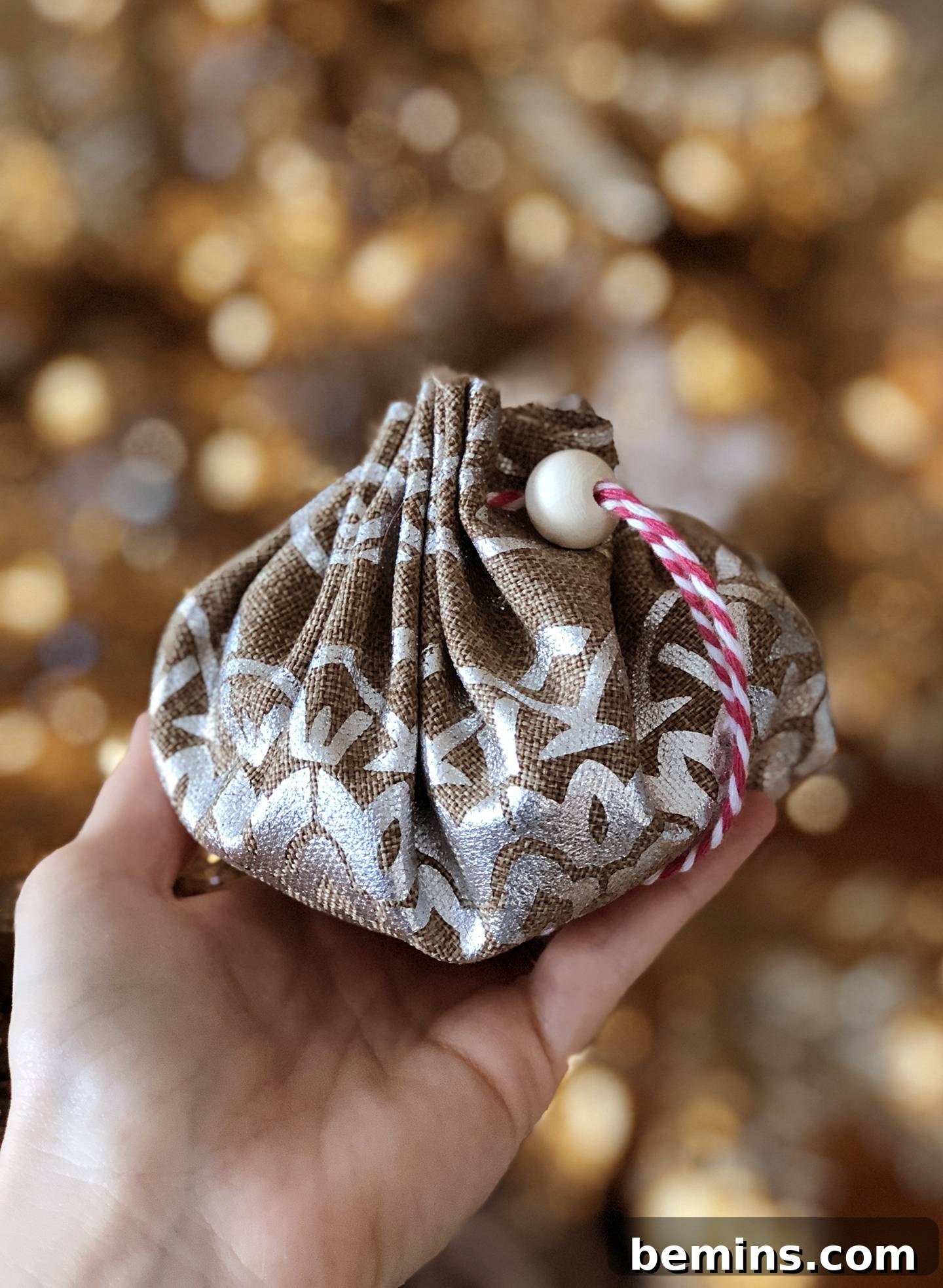 Close up of the tied twine on the cinch pouch