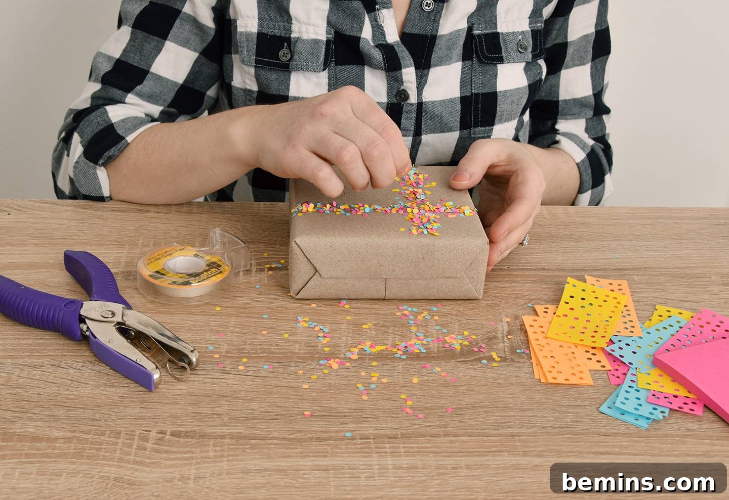 DIY Confetti Ribbon Gift Wrap with Post-it Notes