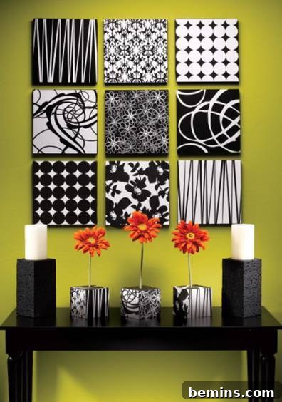 Creating Dimensional Wall Decor from Foam 2 Black and white pictures set on a yellow wall near a black shelf.