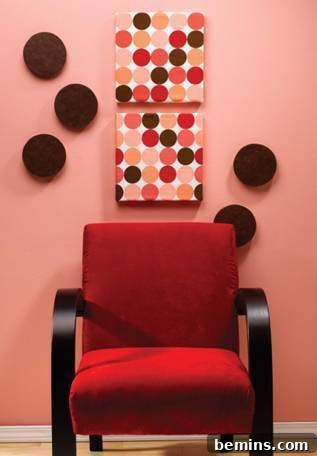 Creating Dimensional Wall Decor from Foam 10 A red chair sits in front of a wall with colorful artwork.