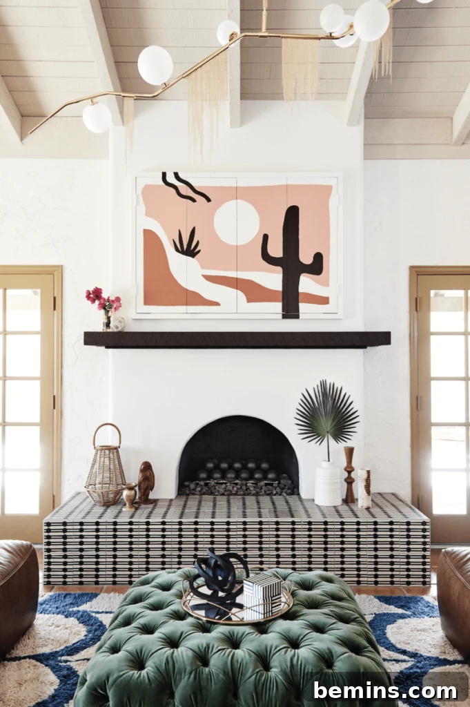 Artwork above a non-working fireplace. 