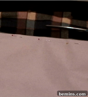 Scissors are cutting through a plaid material.