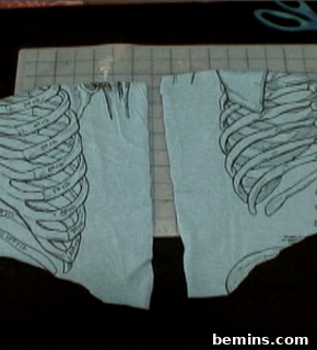 Two pieces of fabric with designs of the human skeleton on them.